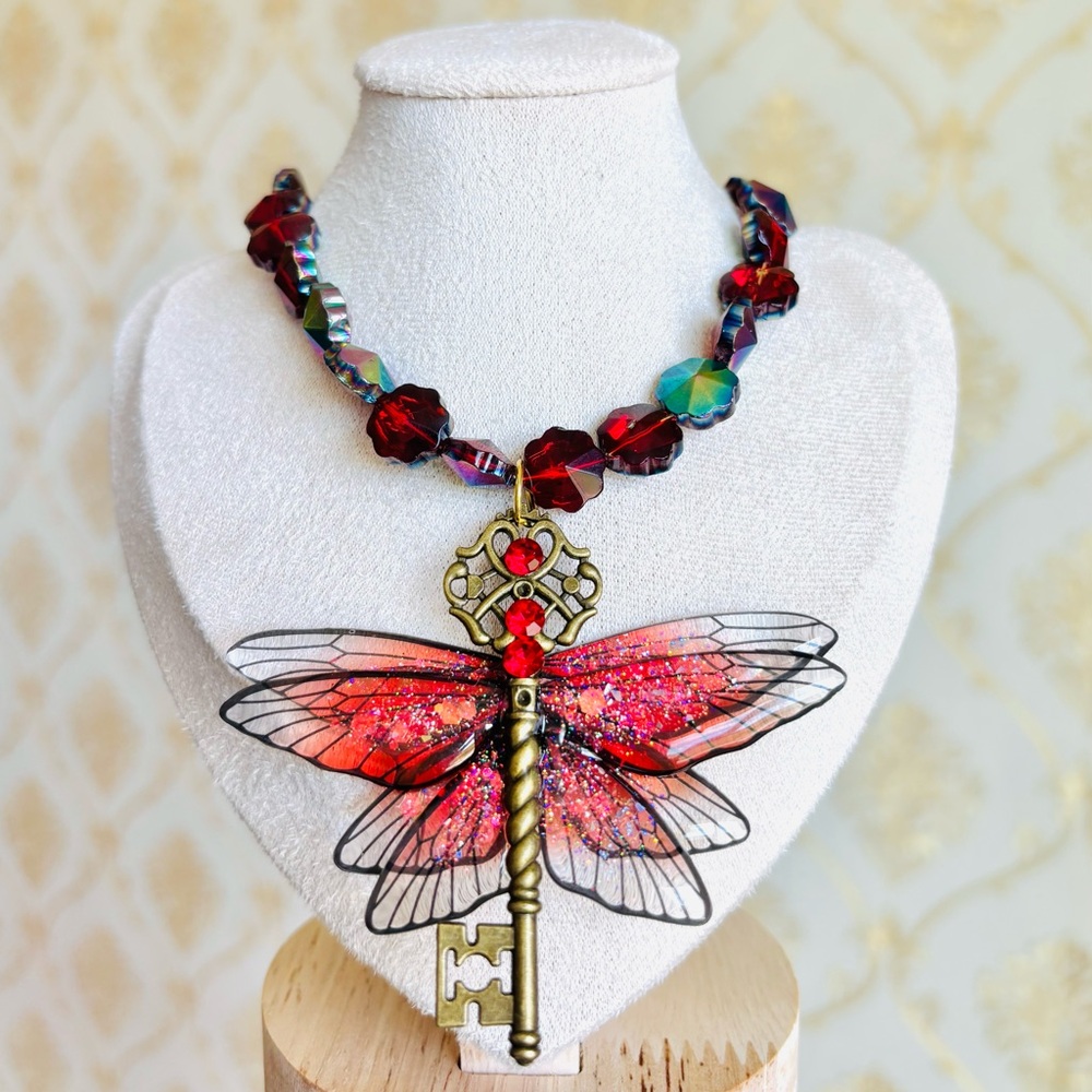 Red and Gold Dragonfly Pendant Necklace